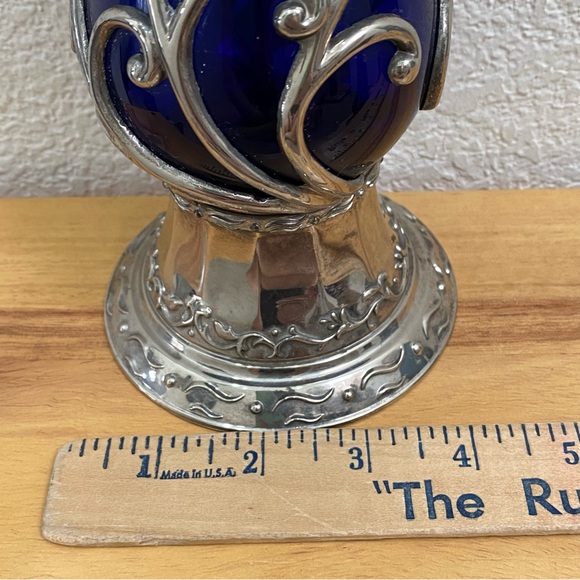 Rare Vintage MCM Mid Century Cobalt Blue Caged Glass Ornate 10” Candle Holder - Picture 8 of 12